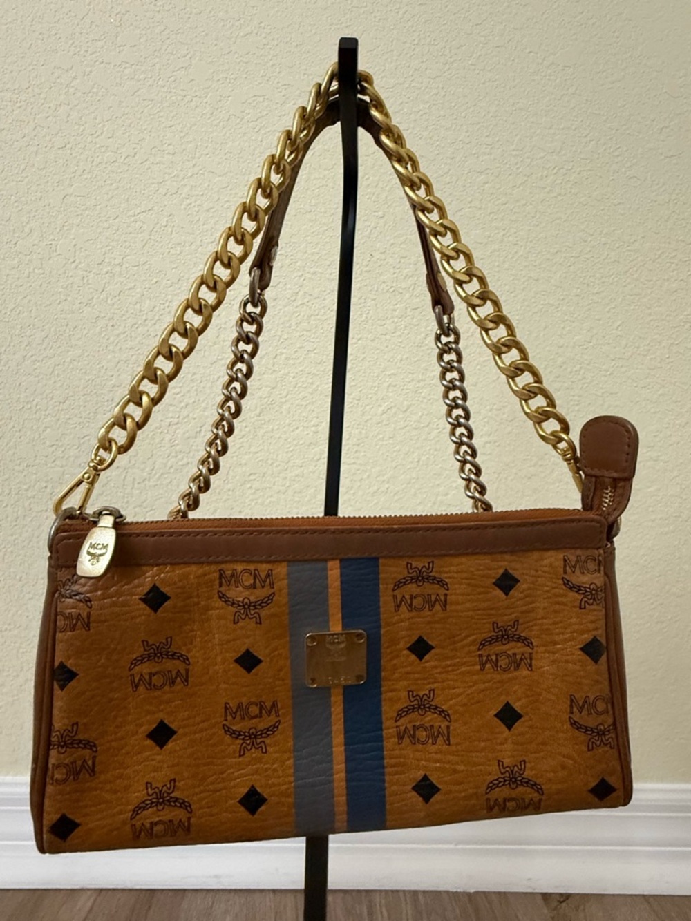 MCM Cognac Visetos Bag with Blue Stripes - Picture 12 of 15